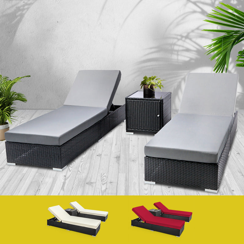 Outdoor Sun Lounge Wicker Lounger Setting Day Bed Chair Pool Furniture Rattan Sofa Cushion Garden Patio 3pc Gardeon Black Frame - Sale Now