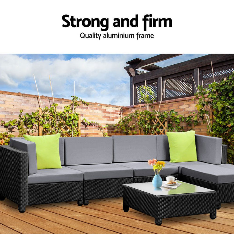 Gardeon 6pcs Outdoor Sofa Lounge Setting Couch Wicker Table Chairs Patio Furniture Black - Sale Now