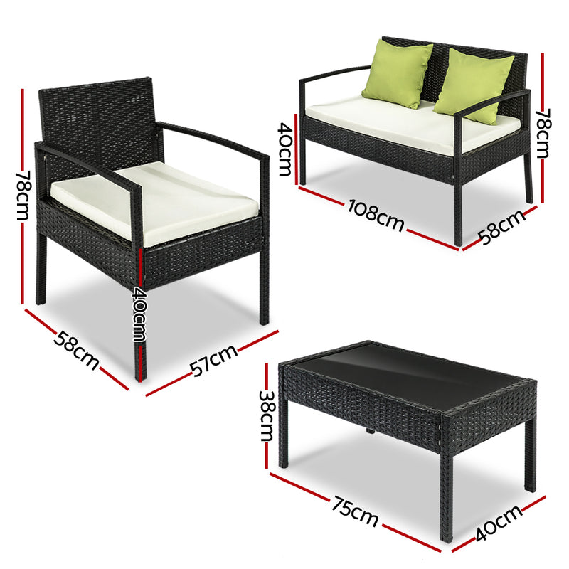 4 Seater Sofa Set Outdoor Furniture Lounge Setting Wicker Chairs Table Rattan Lounger Bistro Patio Garden Cushions Black - Sale Now