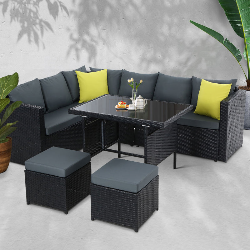 Gardeon Outdoor Furniture Patio Set Dining Sofa Table Chair Lounge Wicker Garden Black - Sale Now