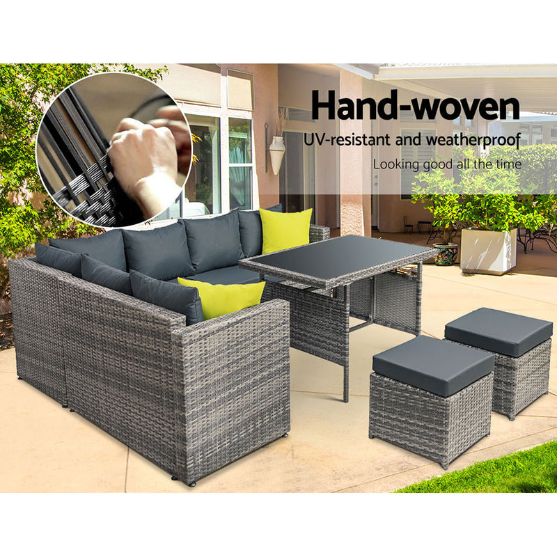 Gardeon Outdoor Furniture Patio Set Dining Sofa Table Chair Lounge Garden Wicker Grey - Sale Now