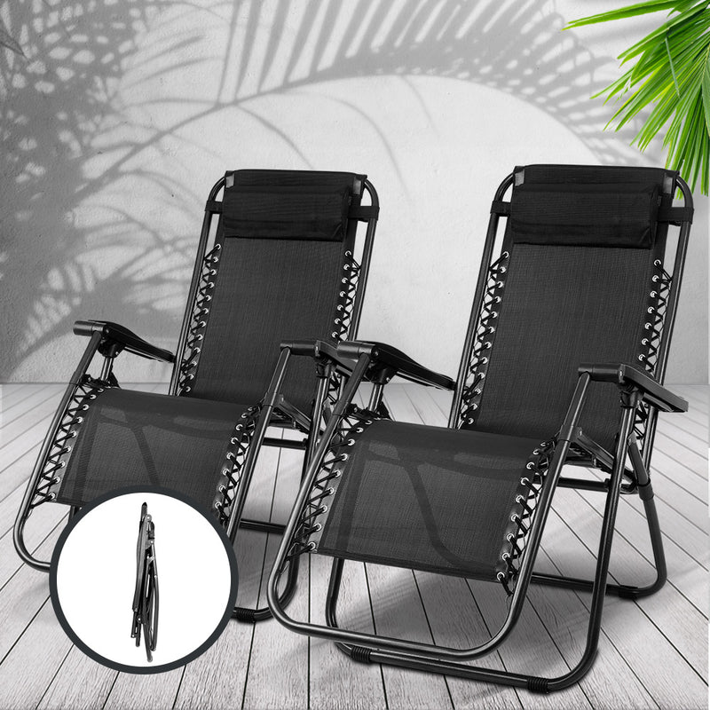 Gardeon Set of 2 Zero Gravity Chairs Reclining Outdoor Furniture Sun Lounge Folding Camping Lounger Black - Sale Now