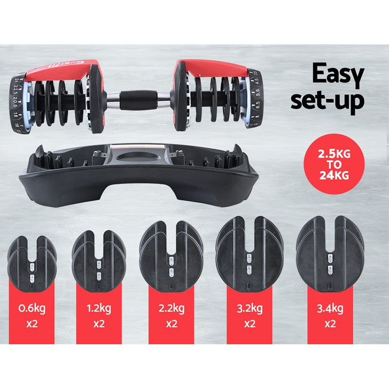 Everfit 2 x 24KG Adjustable Dumbbells Set Dumbbell Weight Plates Home Gym Exercise - Sale Now
