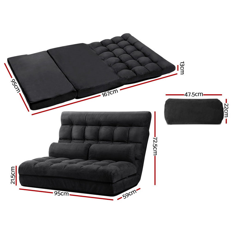 Artiss Lounge Sofa Bed 2-seater Floor Folding Suede Charcoal - Sale Now