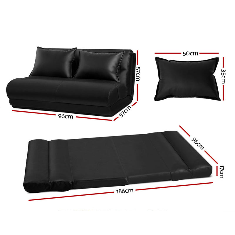 Artiss Lounge Sofa DOUBLE Floor Recliner Chaise Chair Folding PU leather Black - Sale Now