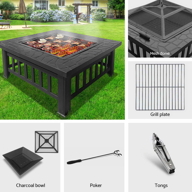 Grillz Outdoor Fire Pit BBQ Table Grill Fireplace Stone Pattern - Sale Now