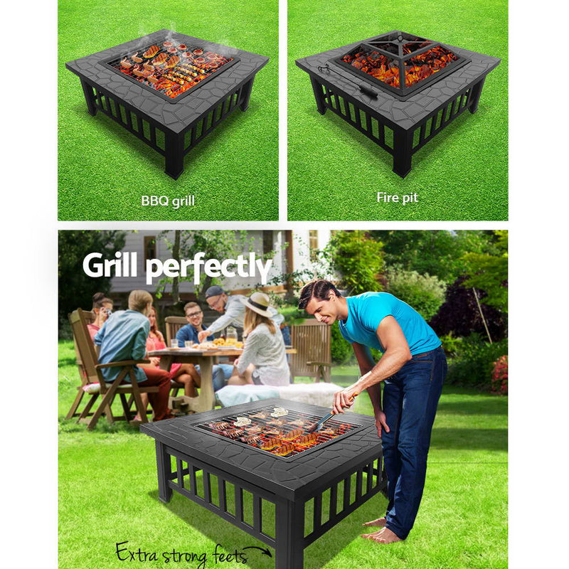 Grillz Outdoor Fire Pit BBQ Table Grill Fireplace Stone Pattern - Sale Now