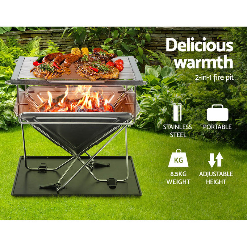 Grillz Camping Fire Pit BBQ Portable Folding Stainless Steel Stove Outdoor Pits - Sale Now
