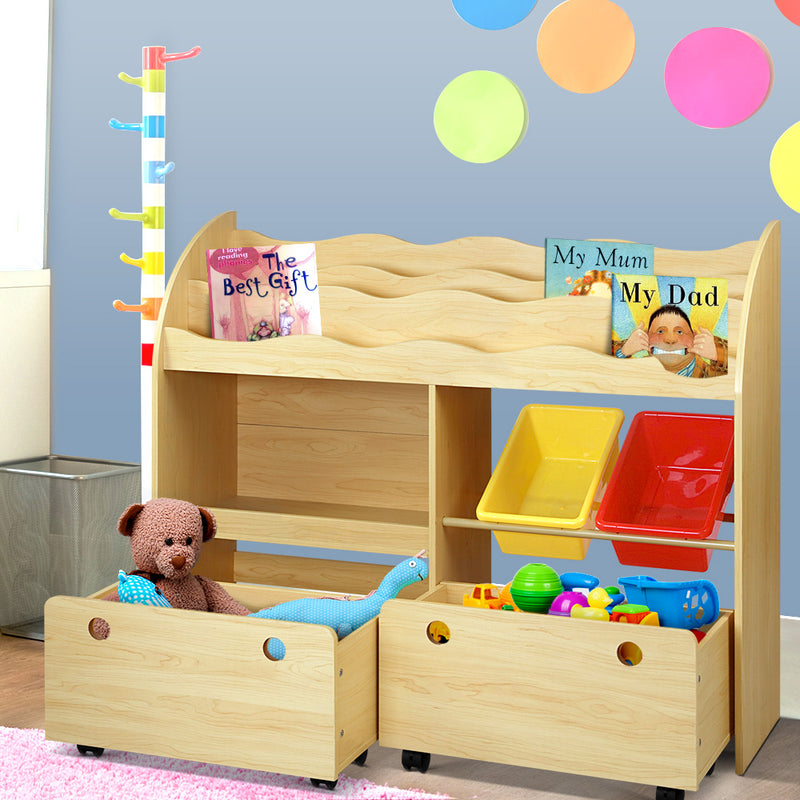 Keezi Kids Bookcase Childrens Bookshelf Toy Storage Box Organizer Display Rack Drawers with Rollers - Sale Now