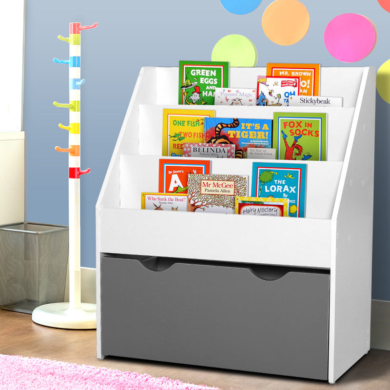 Keezi Kids Bookshelf Childrens Bookcase Organiser Storage Shelf Wooden White - Sale Now