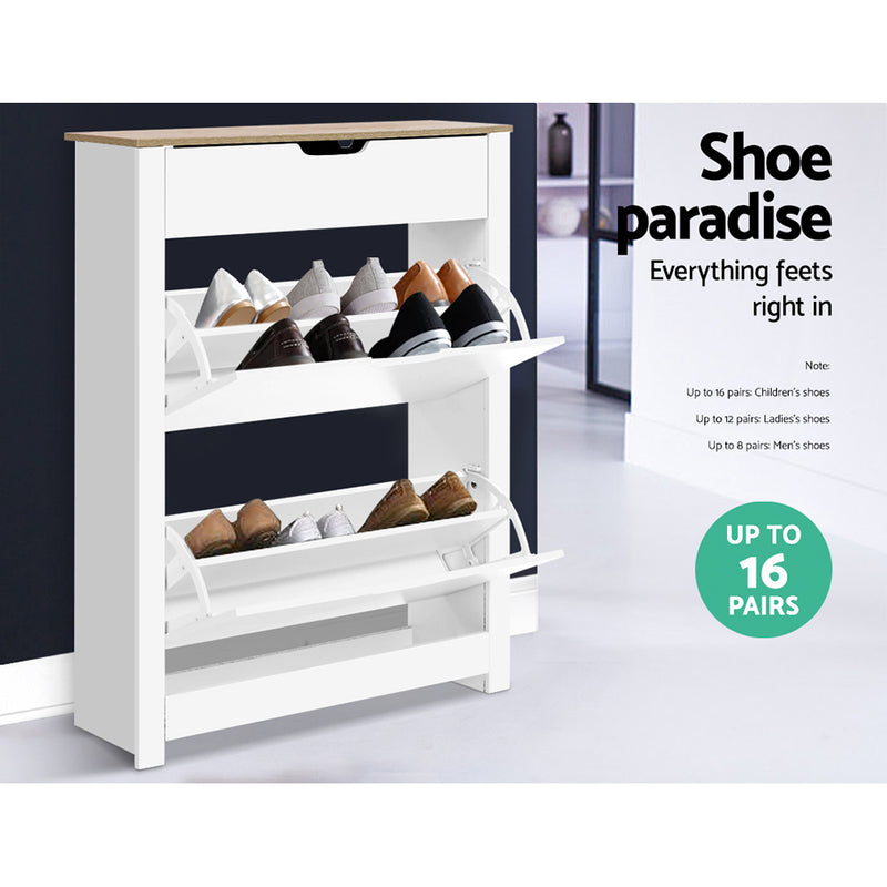Artiss Shoe Cabinet Rack Storage Organiser Cupboard Shelf Drawer 16 Pairs White - Sale Now