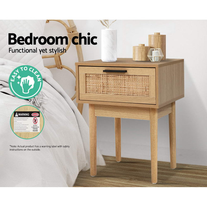 Artiss Bedside Tables Table 1 Drawer Storage Cabinet Rattan Wood Nightstand - Sale Now