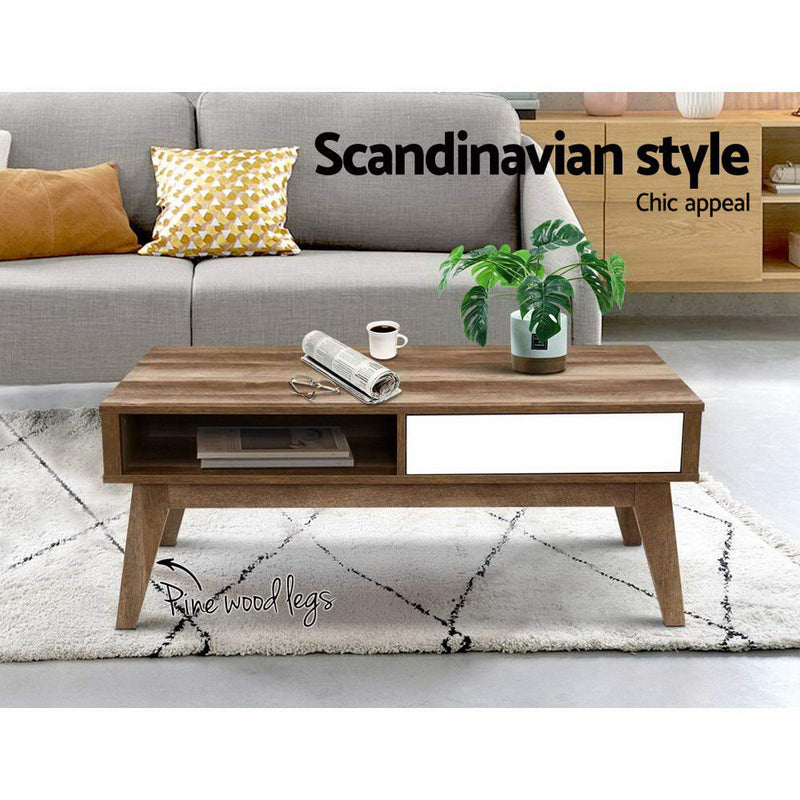 Artiss Coffee Table 2 Storage Drawers Open Shelf Scandinavian Wooden White - Sale Now
