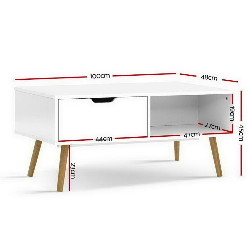 Artiss Coffee Table Storage Drawer Open Shelf Wooden Legs Scandinavian White - Sale Now