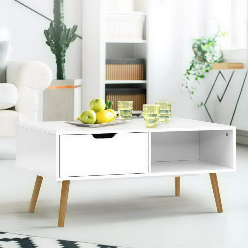 Artiss Coffee Table Storage Drawer Open Shelf Wooden Legs Scandinavian White - Sale Now