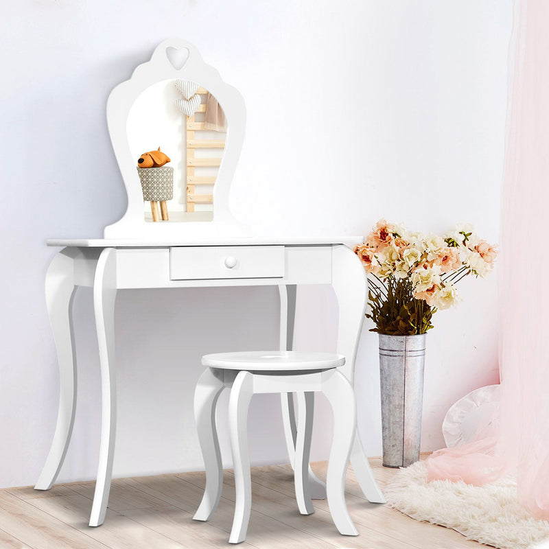 Keezi Kids Vanity Dressing Table Stool Set Mirror Drawer Children Makeup White - Sale Now