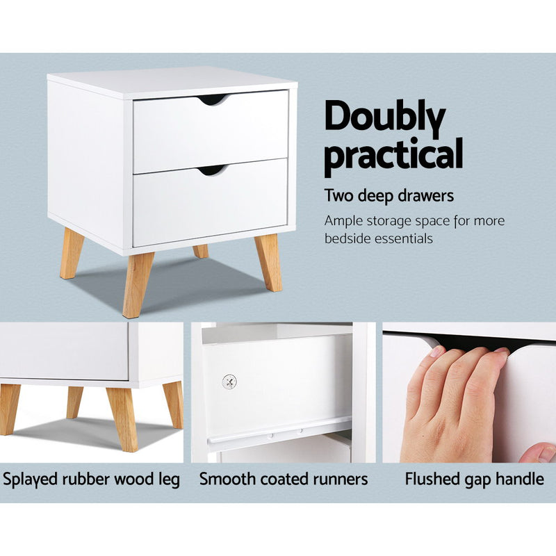 Artiss 2 Drawer Wooden Bedside Tables - White - Sale Now
