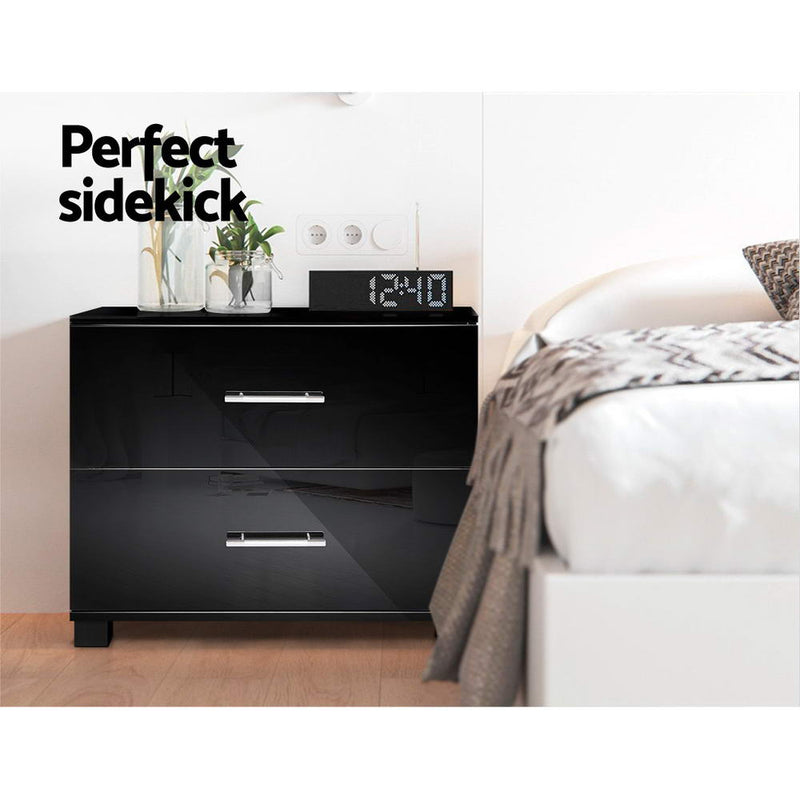 Artiss High Gloss Two Drawers Bedside Table - Black - Sale Now