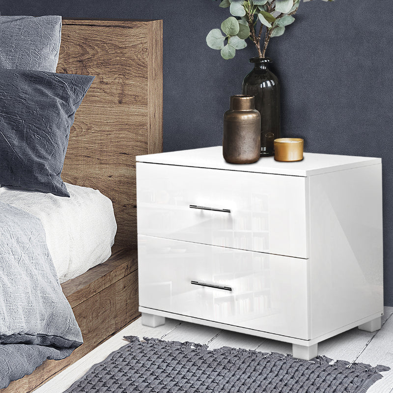 Artiss High Gloss Two Drawers Bedside Table - White - Sale Now