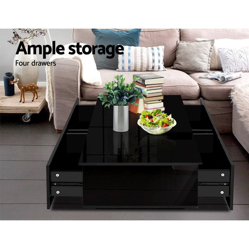 Artiss Modern Coffee Table 4 Storage Drawers High Gloss Living Room Furniture Black - Sale Now