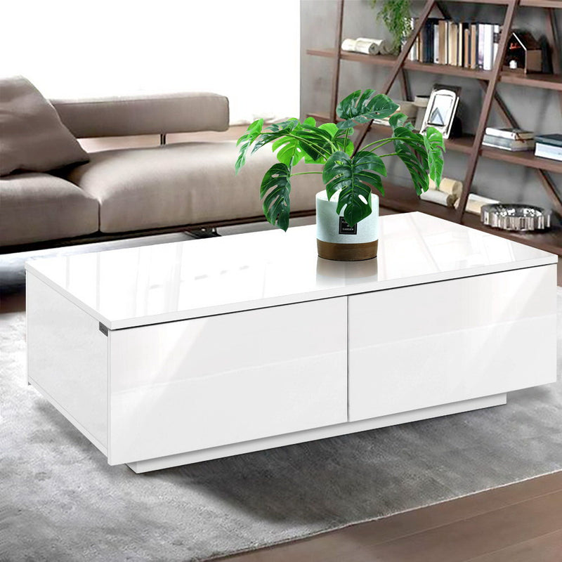 Artiss Modern Coffee Table 4 Storage Drawers High Gloss Living Room Furniture White - Sale Now