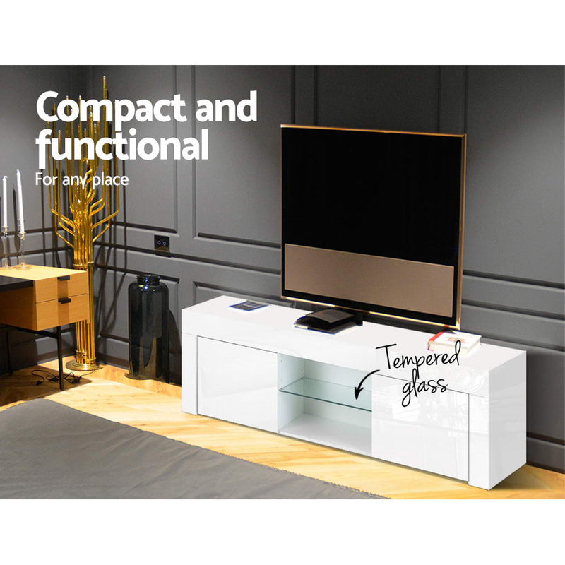 Artiss 130cm High Gloss TV Stand Entertainment Unit Storage Cabinet Tempered Glass Shelf White - Sale Now