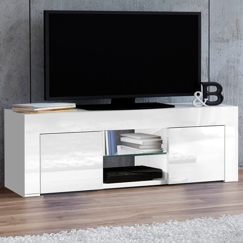 Artiss 130cm High Gloss TV Stand Entertainment Unit Storage Cabinet Tempered Glass Shelf White - Sale Now