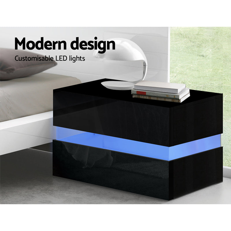 Artiss Bedside Table 2 Drawers RGB LED Side Nightstand High Gloss Cabinet Black - Sale Now