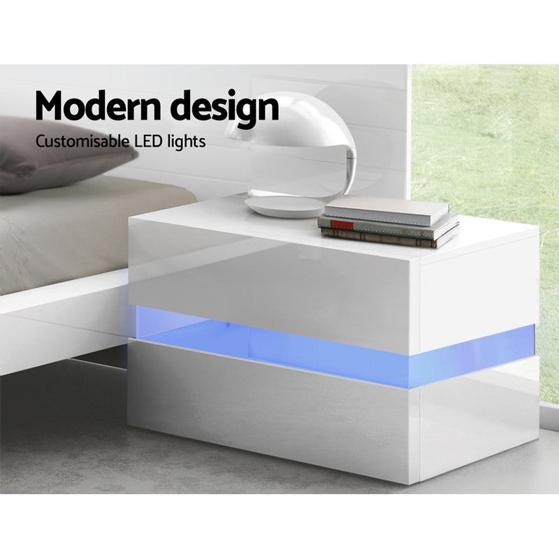 Artiss Bedside Table 2 Drawers RGB LED Side Nightstand High Gloss Cabinet White - Sale Now