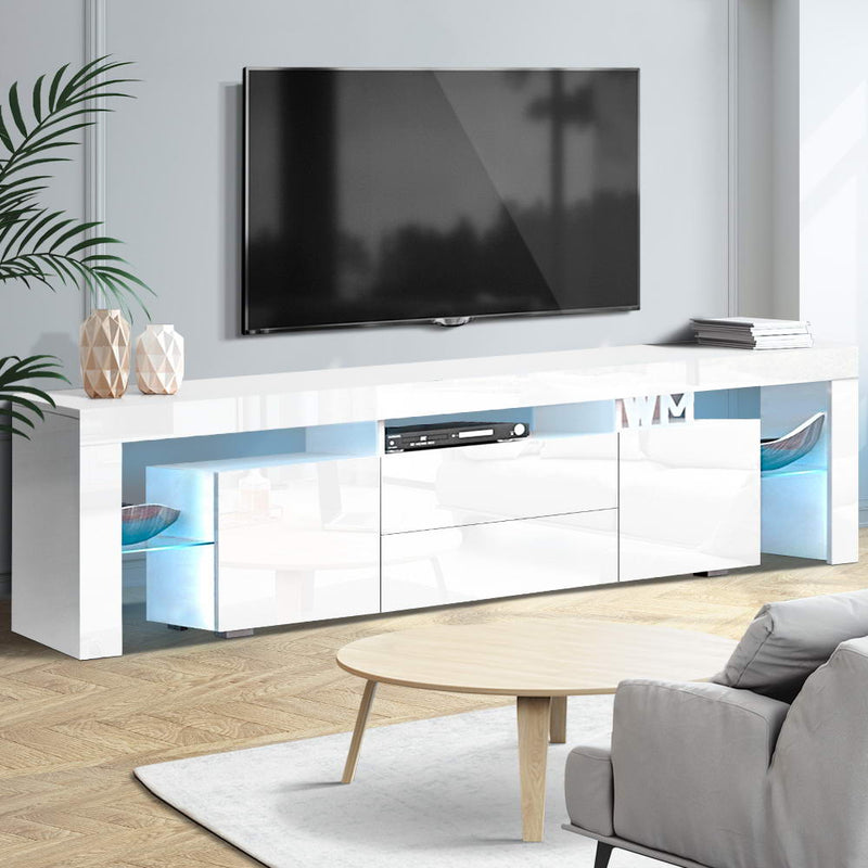 Artiss TV Cabinet Entertainment Unit Stand RGB LED Gloss Furniture 200cm White - Sale Now