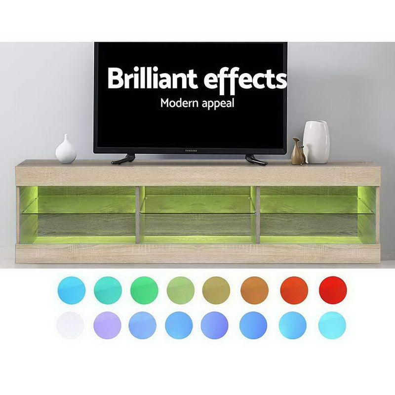 Artiss TV Cabinet Entertainment Unit Stand RGB LED Glass Shelf Storage 150cm Oak - Sale Now