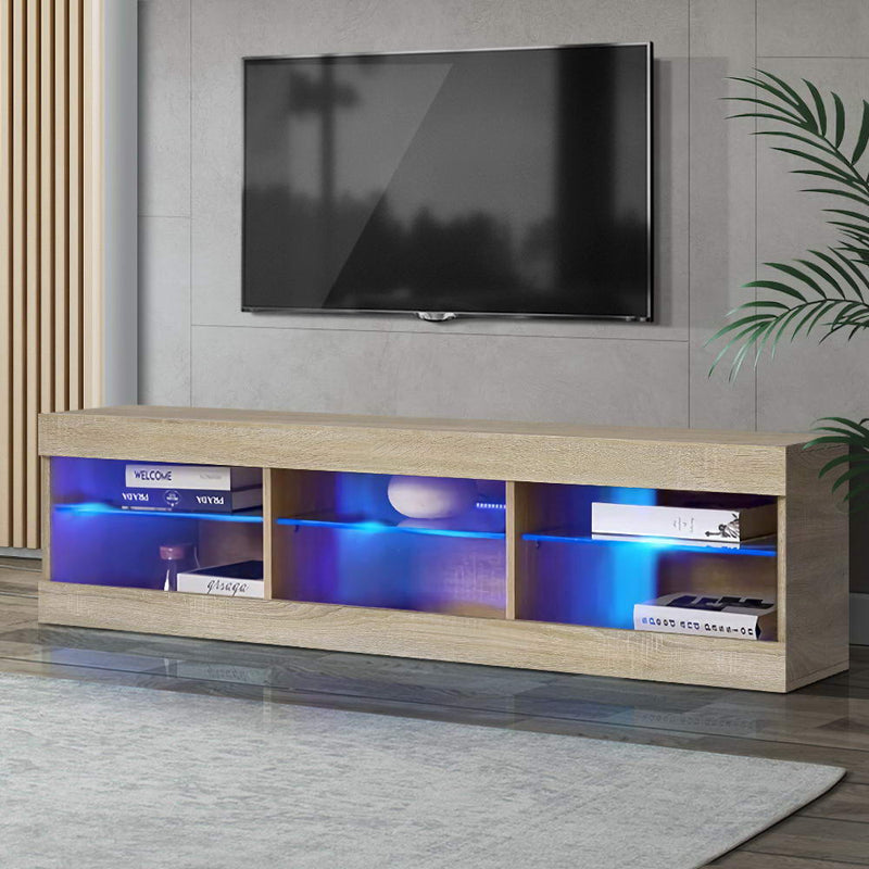 Artiss TV Cabinet Entertainment Unit Stand RGB LED Glass Shelf Storage 150cm Oak - Sale Now