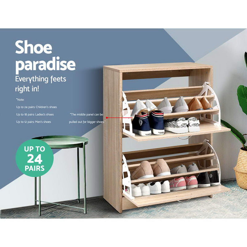 Artiss Shoe Cabinet Shoes Storage Rack 24 Pairs Organiser Shelf Cupboard Oak - Sale Now