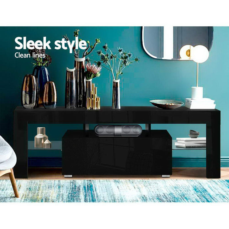 Artiss TV Cabinet Entertainment Unit Stand RGB LED Gloss Furniture 130cm Black - Sale Now
