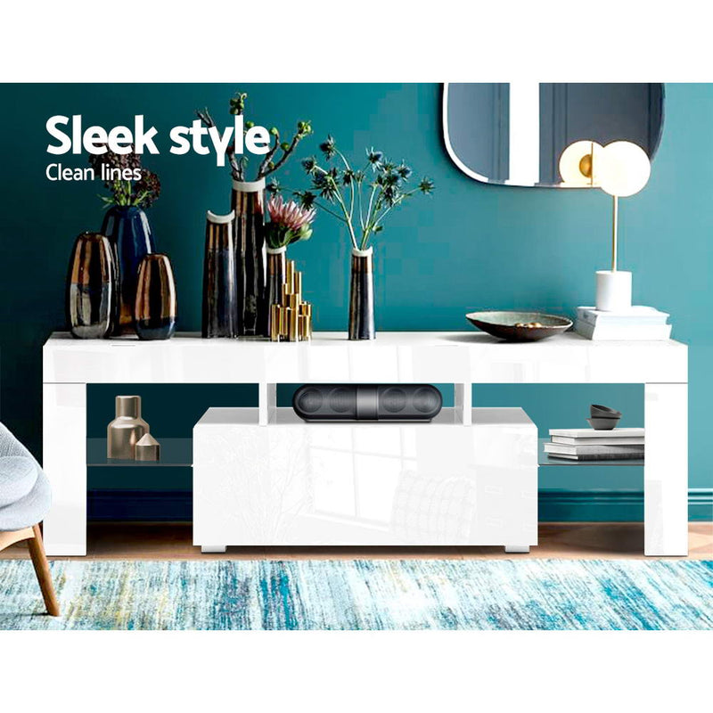 Artiss 130cm RGB LED TV Stand Cabinet Entertainment Unit Gloss Furniture Drawer Tempered Glass Shelf White - Sale Now
