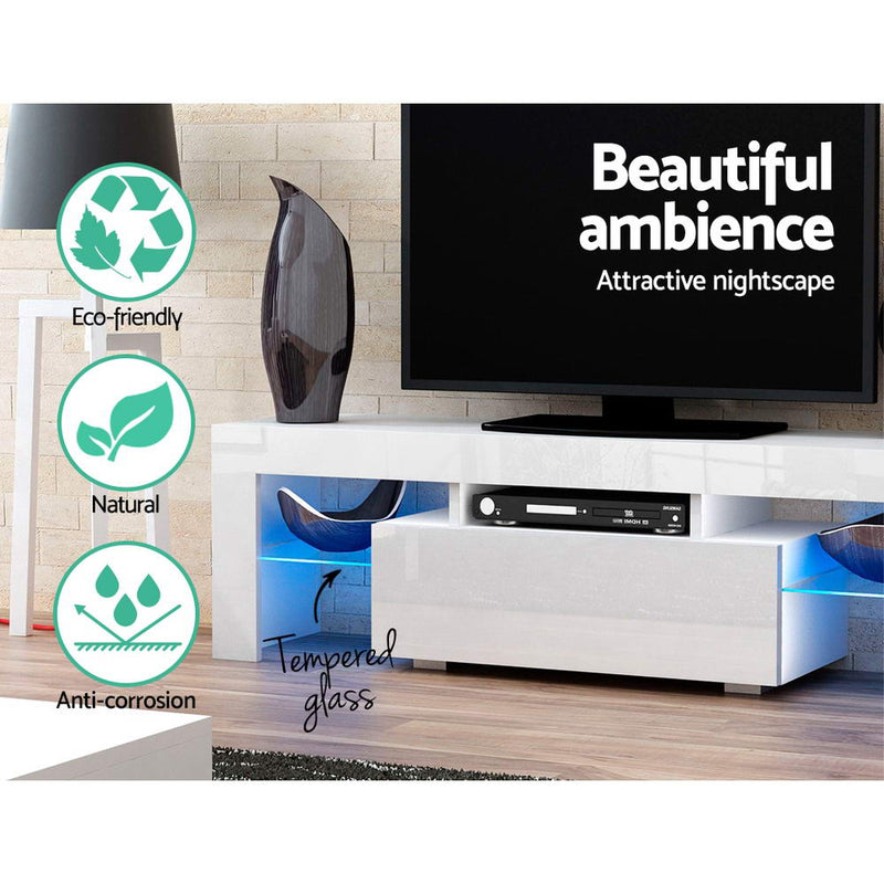 Artiss 130cm RGB LED TV Stand Cabinet Entertainment Unit Gloss Furniture Drawer Tempered Glass Shelf White - Sale Now