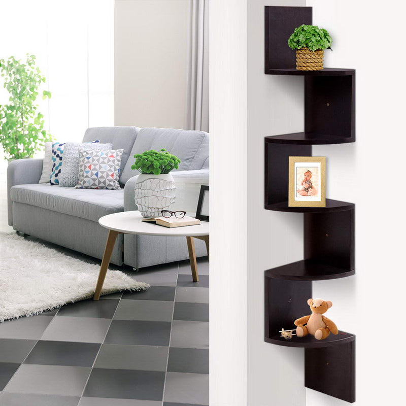 Artiss 5 Tier Corner Wall Floating Shelf Mount Display Bookshelf Rack Brown - Sale Now