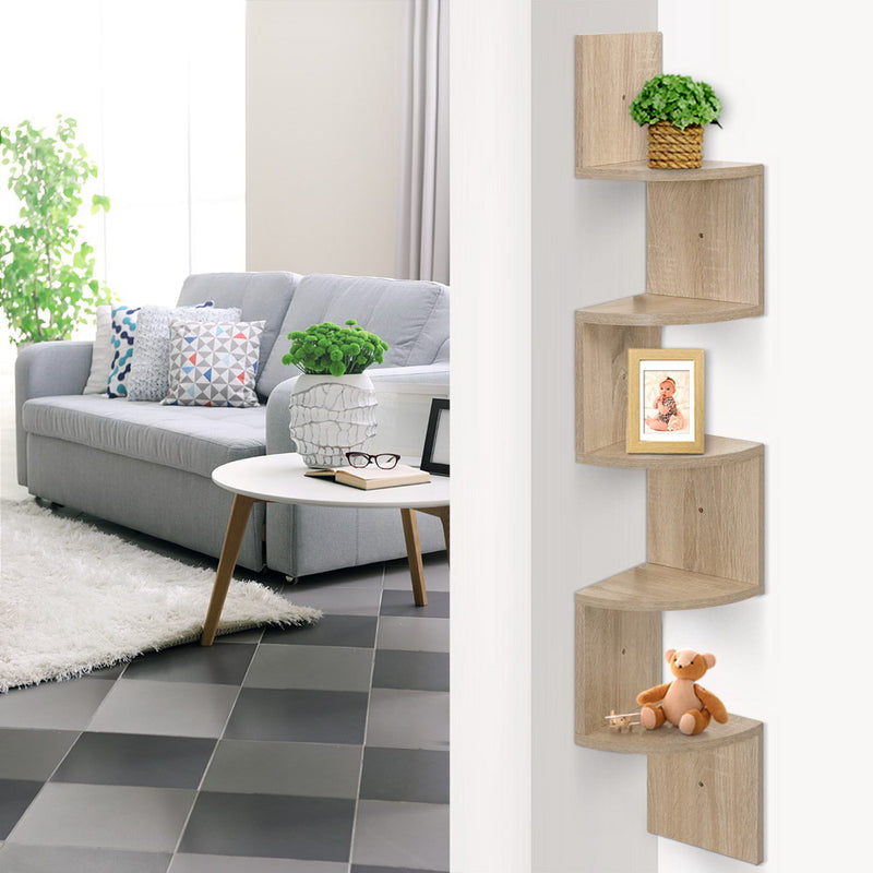 Artiss 5 Tier Corner Wall Floating Shelf Mount Display Bookshelf Rack Oak - Sale Now
