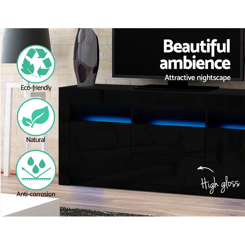 Artiss TV Cabinet Entertainment Unit Stand RGB LED High Gloss Furniture Storage Drawers Shelf 200cm Black - Sale Now