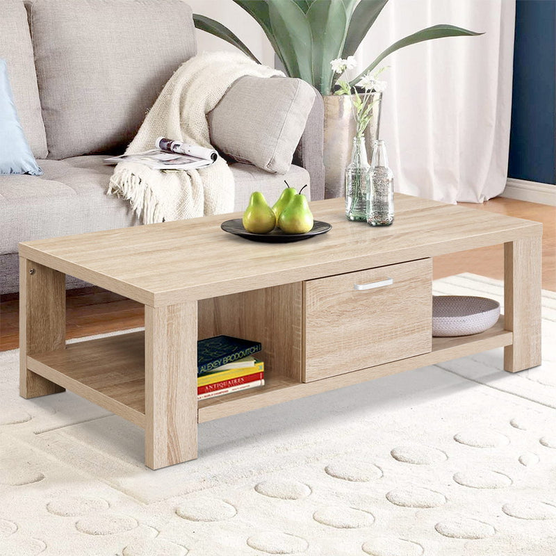 Artiss Coffee Table Wooden Shelf Storage Drawer Living Furniture Thick Tabletop - Sale Now
