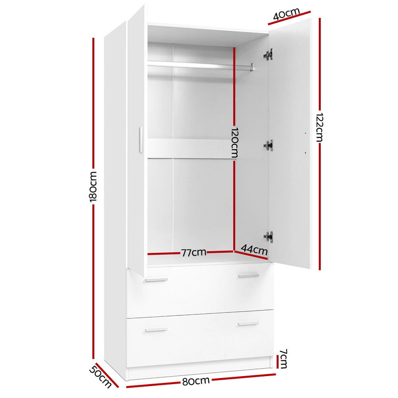 Artiss 2 Doors Wardrobe Bedroom Closet Storage Cabinet Organiser Armoire 180cm White - Sale Now