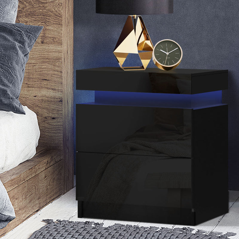Artiss Bedside Tables Side Table Drawers RGB LED High Gloss Nightstand Black - Sale Now