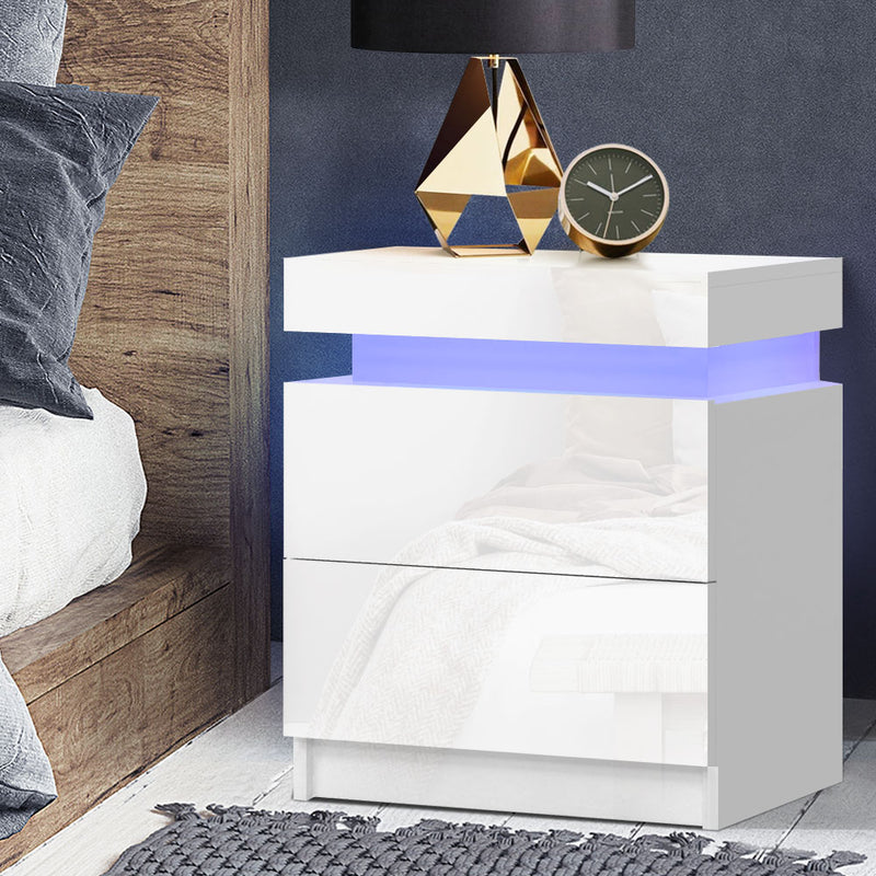 Artiss Bedside Tables Side Table Drawers RGB LED High Gloss Nightstand White - Sale Now