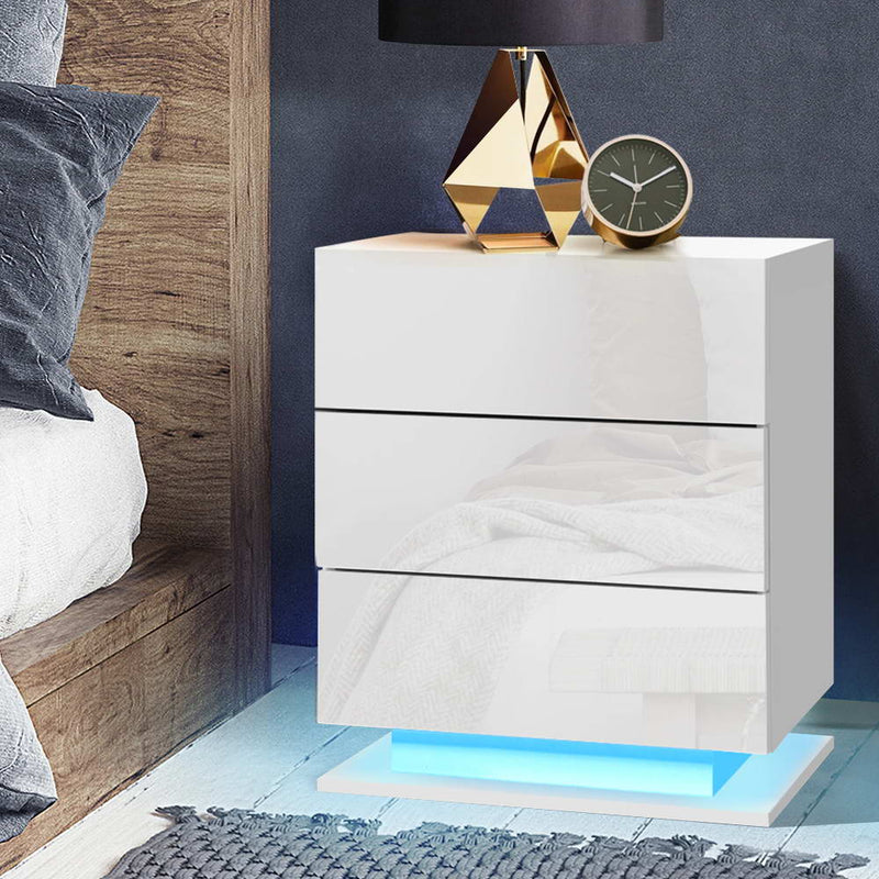 Artiss Bedside Tables Side Table RGB LED Lamp 3 Drawers Nightstand Gloss White - Sale Now