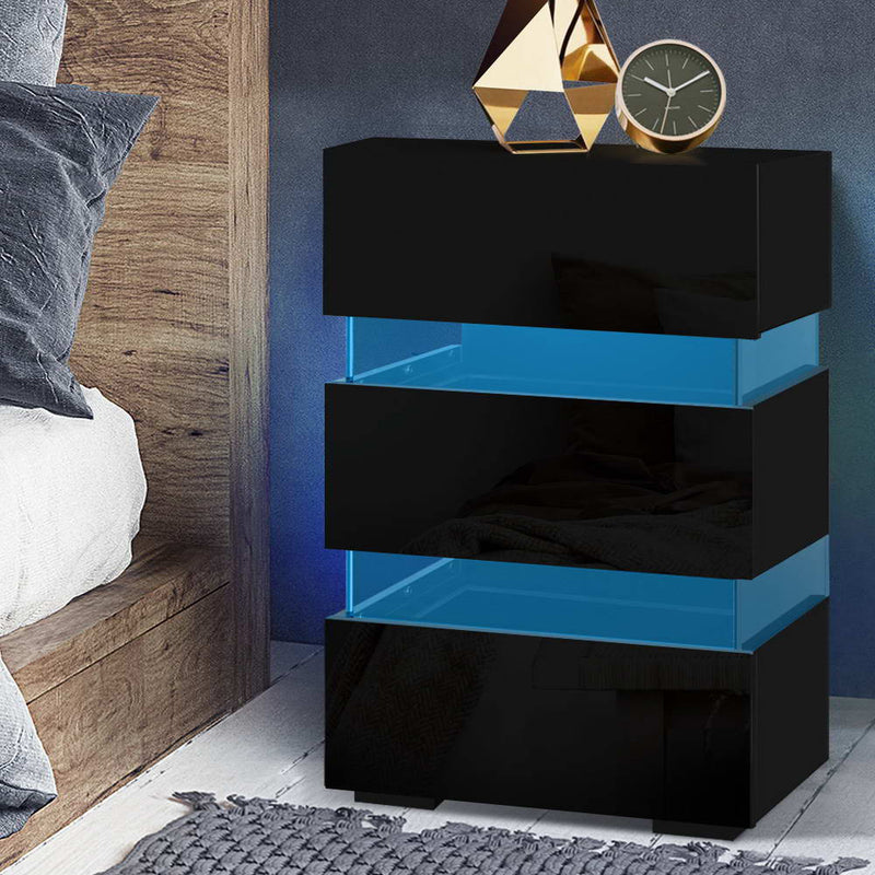 Artiss Bedside Table Side Unit RGB LED Lamp 3 Drawers Nightstand Gloss Furniture Black - Sale Now