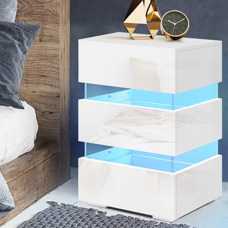 Artiss Bedside Table Side Unit RGB LED Lamp 3 Drawers Nightstand Gloss Furniture White - Sale Now