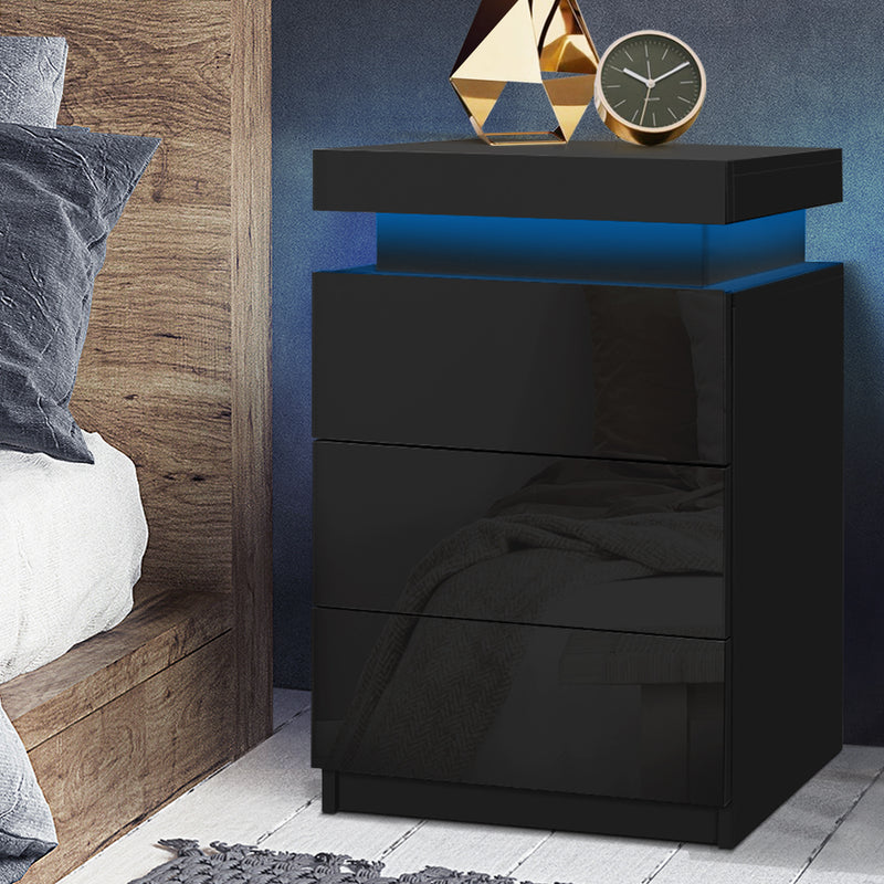 Artiss Bedside Tables Side Table 3 Drawers RGB LED High Gloss Nightstand Black - Sale Now