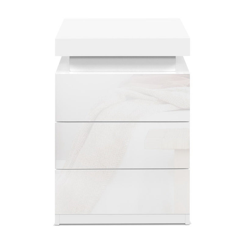 Artiss Bedside Tables Side Table 3 Drawers RGB LED High Gloss Nightstand White - Sale Now