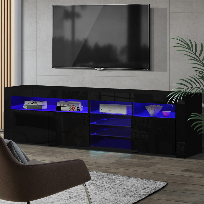 Artiss TV Cabinet Entertainment Unit Stand RGB LED Gloss 3 Doors 180cm Black - Sale Now
