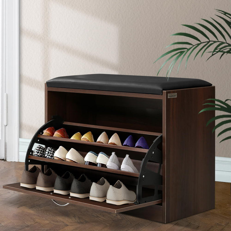 Artiss Shoe Cabinet Bench Shoes Storage Rack Organiser Drawer 15 Pairs Walnut - Sale Now